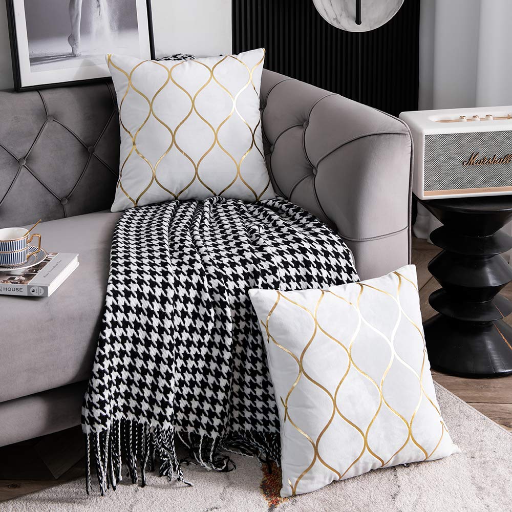 DEZENE 12x20 Inch Gold Velvet Throw Pillow Covers: 2 Pack Rectangular Decorative Pillow Cases for Bedroom Sofa Couch Living Room, Black