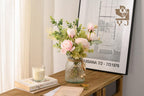 YJ Fake Flowers with Vase, Silk Roses Artificial Flowers in Vase, Faux Flower Plant Arrangement Suitable for Home Office Decoration, Dining Table Centerpiece(White)