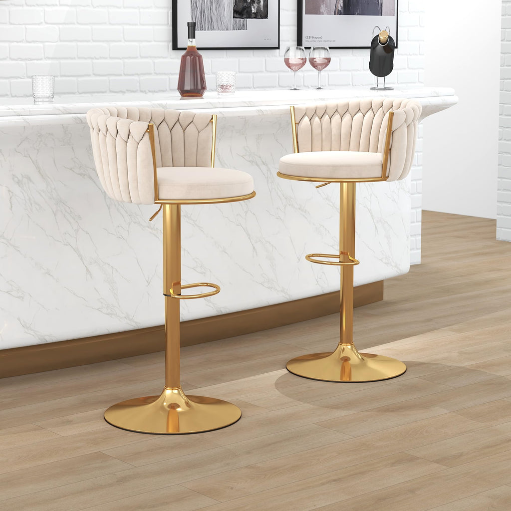 ABET Gold Bar Stool Set of 2, Velvet Swivel Barstools, Height Adjustable Counter Stools with Woven Back, Upholstered Modern Luxury Kitchen Stools with Footrest for Cafe, Pub, Black