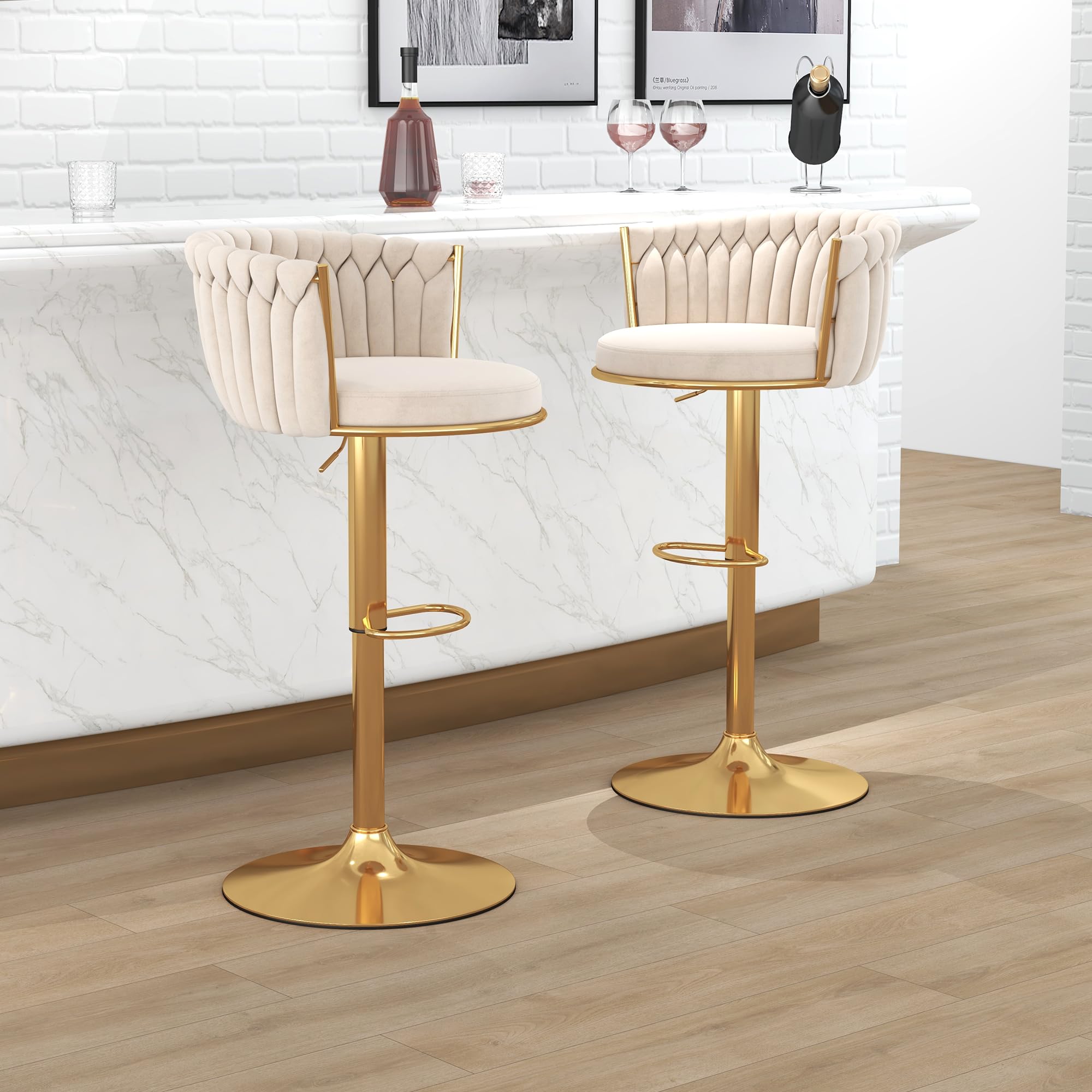 ABET Gold Bar Stool Set of 2, Velvet Swivel Barstools, Height Adjustable Counter Stools with Woven Back, Upholstered Modern Luxury Kitchen Stools with Footrest for Cafe, Pub, Black