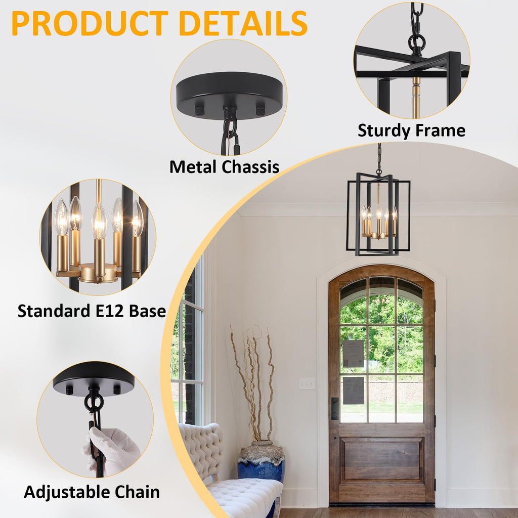 Black Gold Chandelier for Dining Room, Modern Farmhouse 3 Light Entryway Pendant Light Fixture Adjustable Geometric Industrial Rustic Foyer Light for Living Room Kitchen Island Hallway Bedroom