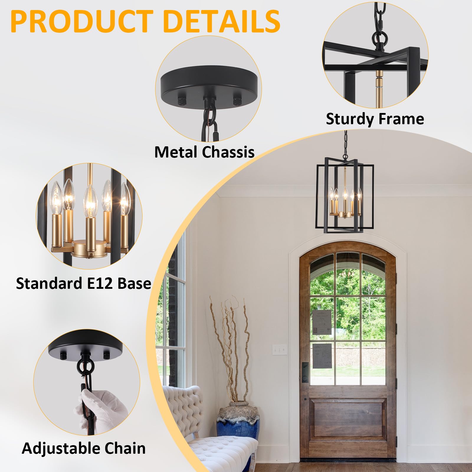 Black Gold Chandelier for Dining Room, Modern Farmhouse 3 Light Entryway Pendant Light Fixture Adjustable Geometric Industrial Rustic Foyer Light for Living Room Kitchen Island Hallway Bedroom