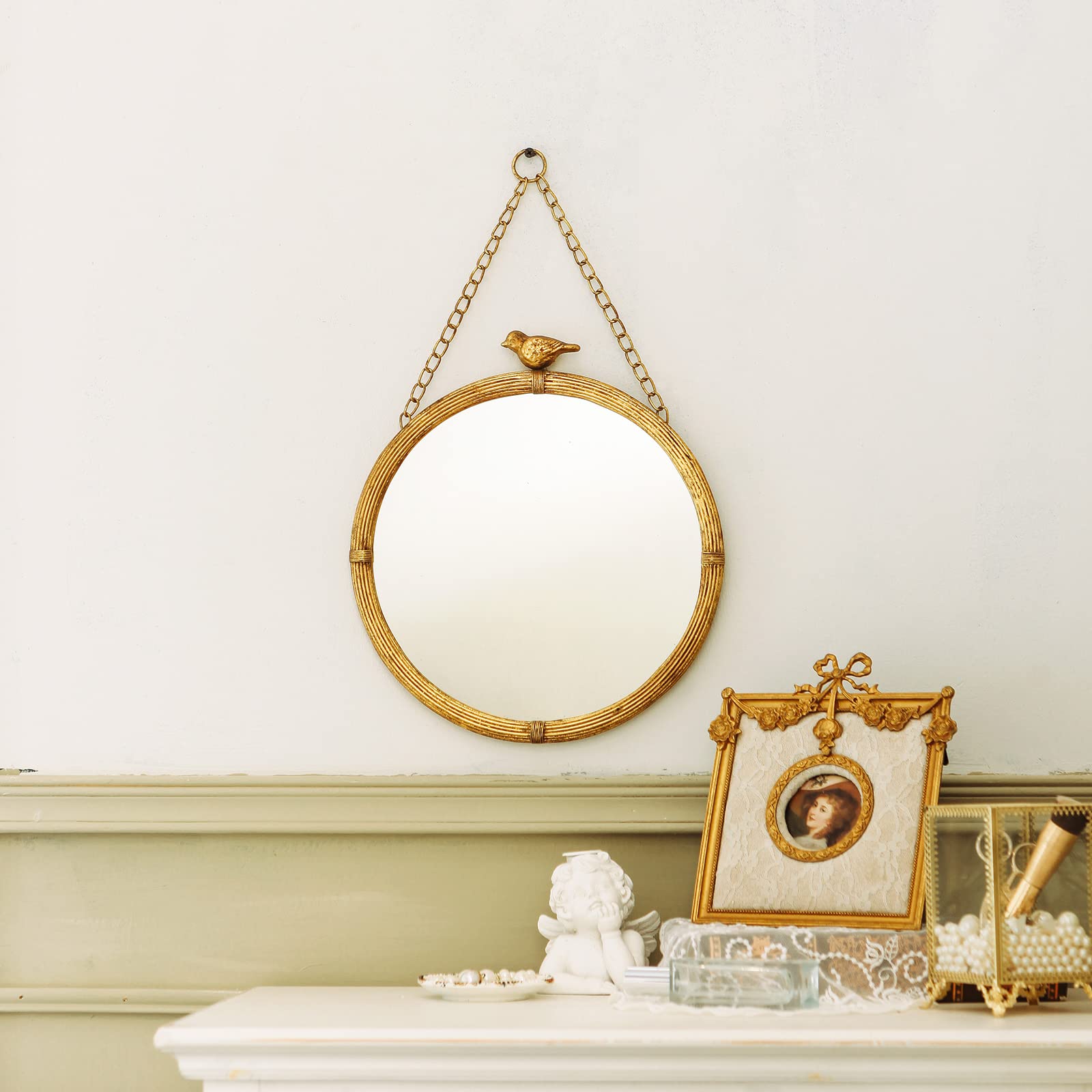 NIKKY HOME 6.7 Inch Decorative Small Hanging Mirrors Vintage Round Metal Framed Wall Mounted Mirror Decor with Bird for Bathroom Living Room Office, Rustic Gold