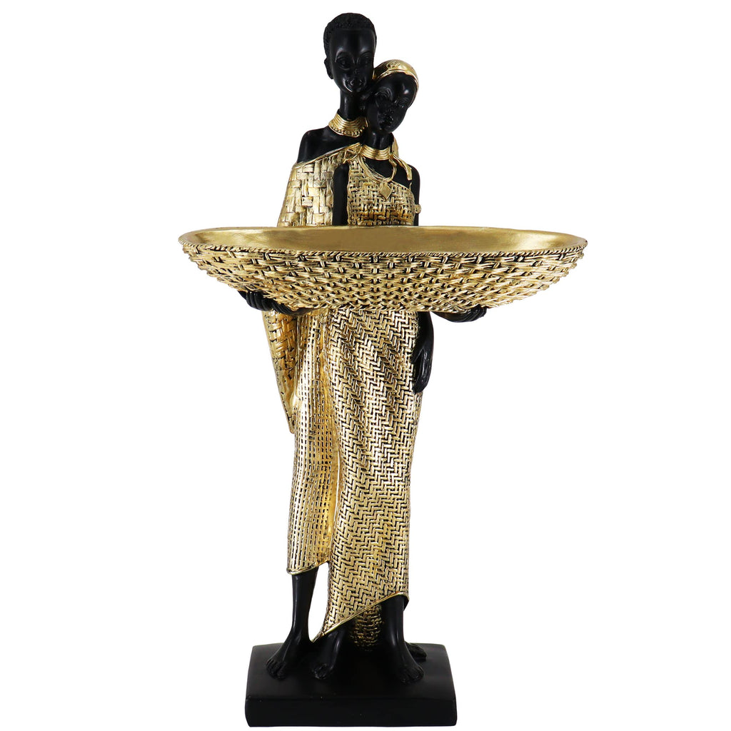 Lescafita African Woman Sculpture with Gold Leaf Bowl, Handmade Resin Figurine, Exotic Tribal Art Statue for Living Room, Dining Table, or Entryway Decoration