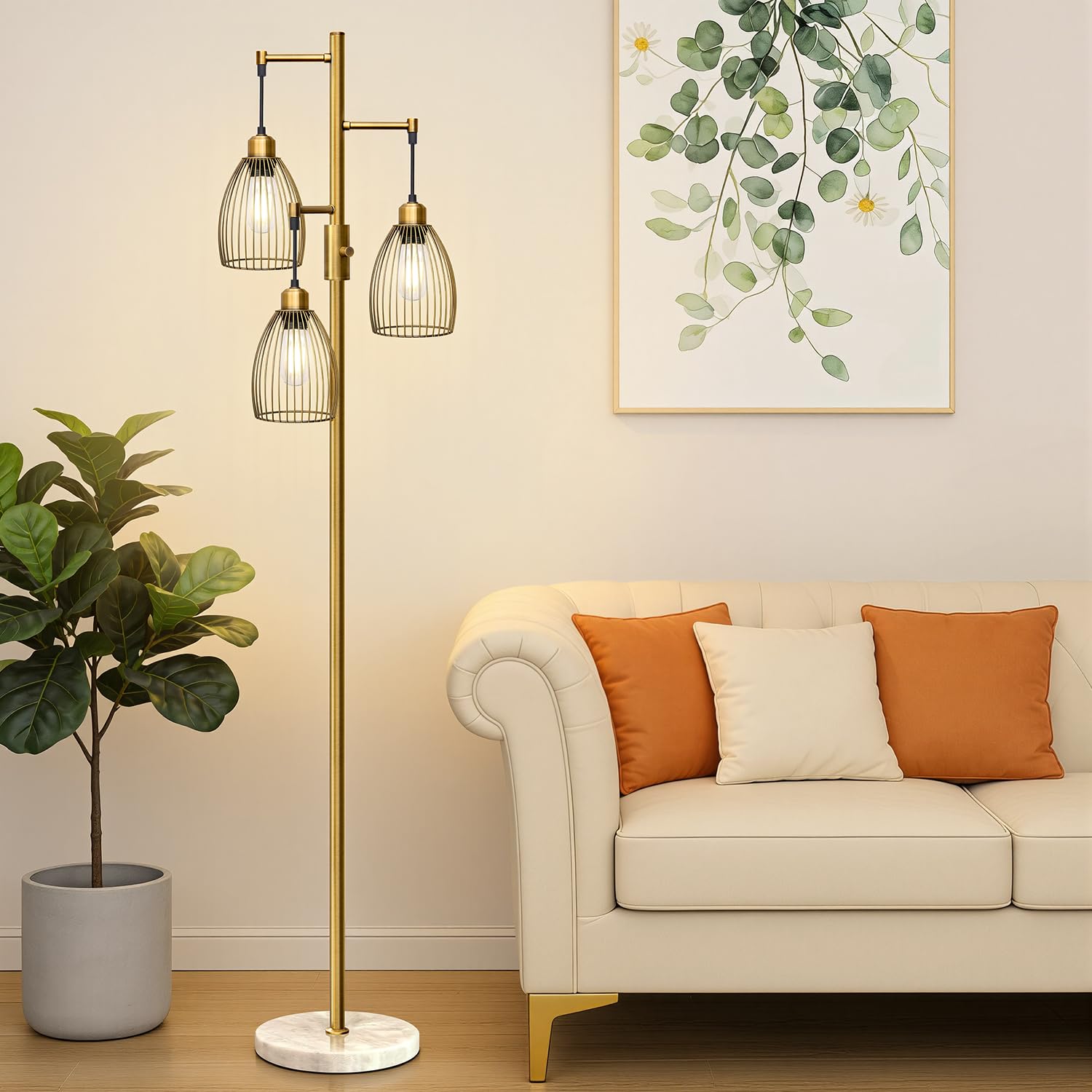 Dimmable Floor Lamp, Industrial Floor Lamps for Living Room, Gold Tree Lamp Standing Lamp Tall Lamps with 3 Elegant Teardrop Cage Head & 800 Lumens LED Bulbs for Living room Bedroom Office Dining Room