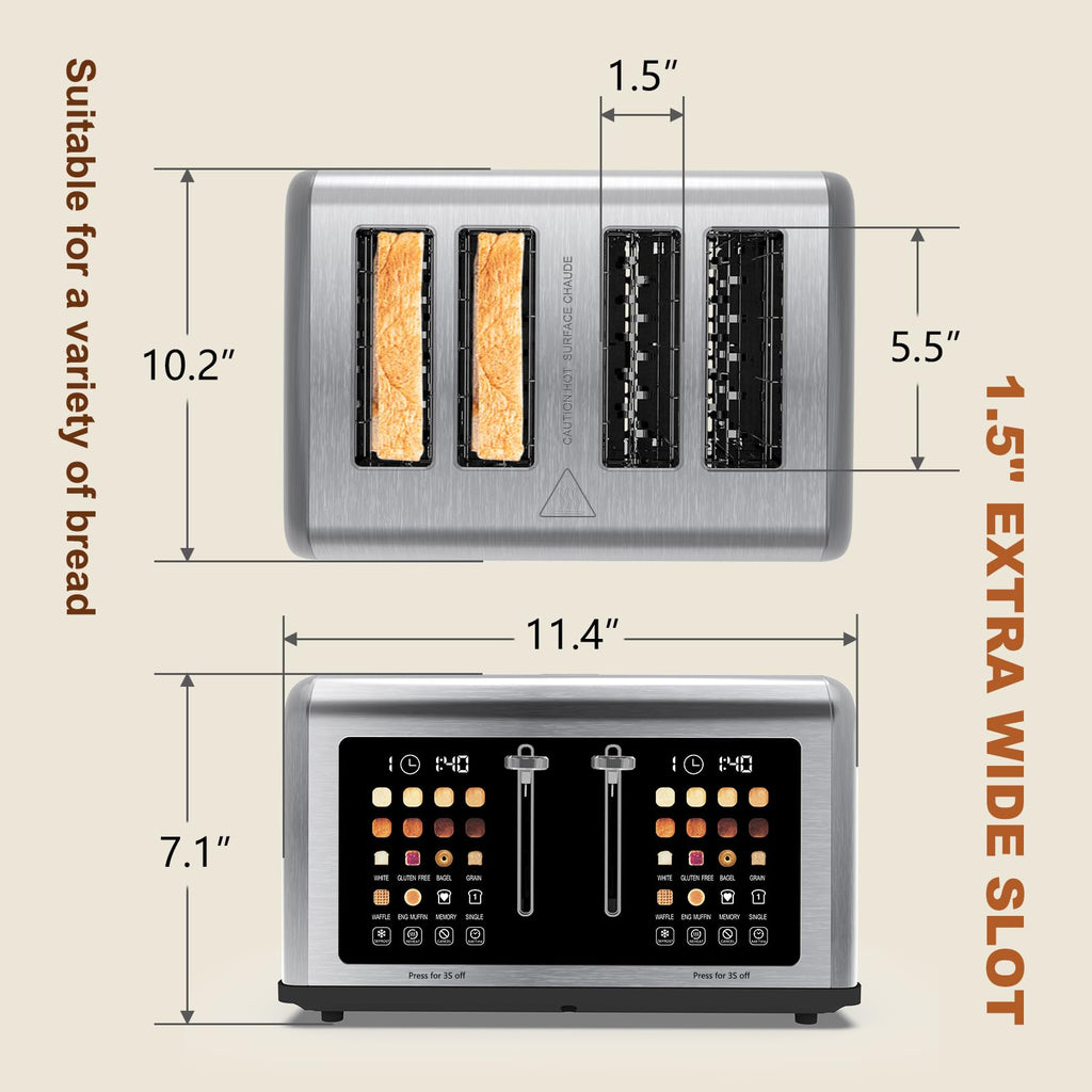 4 Slice Toaster Touch Screen, Stainless Steel Toasters Digital Timer, Dual Control Panel Toasters, 8 Shade Settings 6 Bread Types for Bagel, Cancel, Defrost 1650W