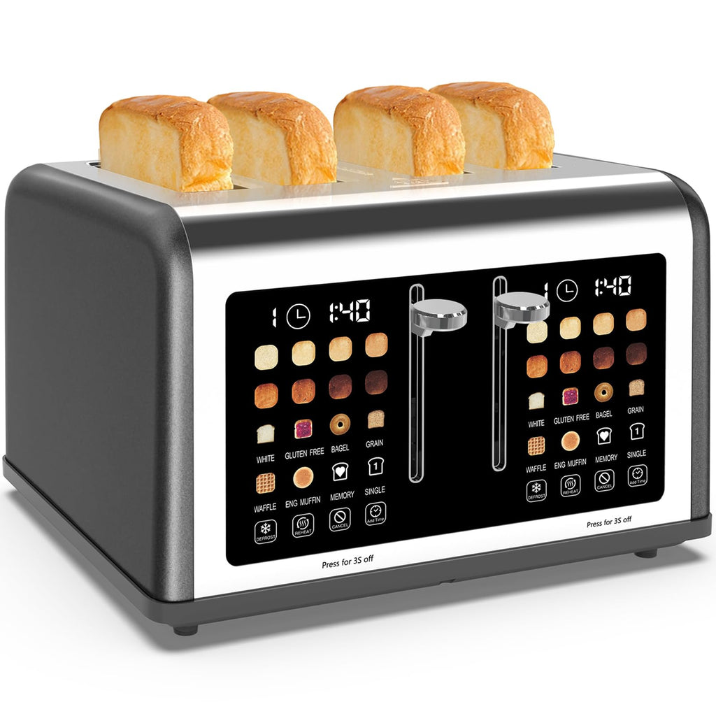 4 Slice Toaster Touch Screen, Stainless Steel Toasters Digital Timer, Dual Control Panel Toasters, 8 Shade Settings 6 Bread Types for Bagel, Cancel, Defrost 1650W