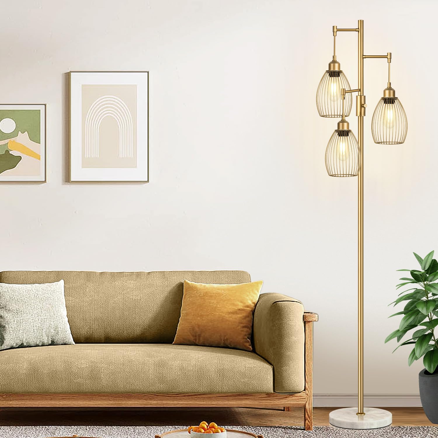 Dimmable Floor Lamp, Industrial Floor Lamps for Living Room, Gold Tree Lamp Standing Lamp Tall Lamps with 3 Elegant Teardrop Cage Head & 800 Lumens LED Bulbs for Living room Bedroom Office Dining Room