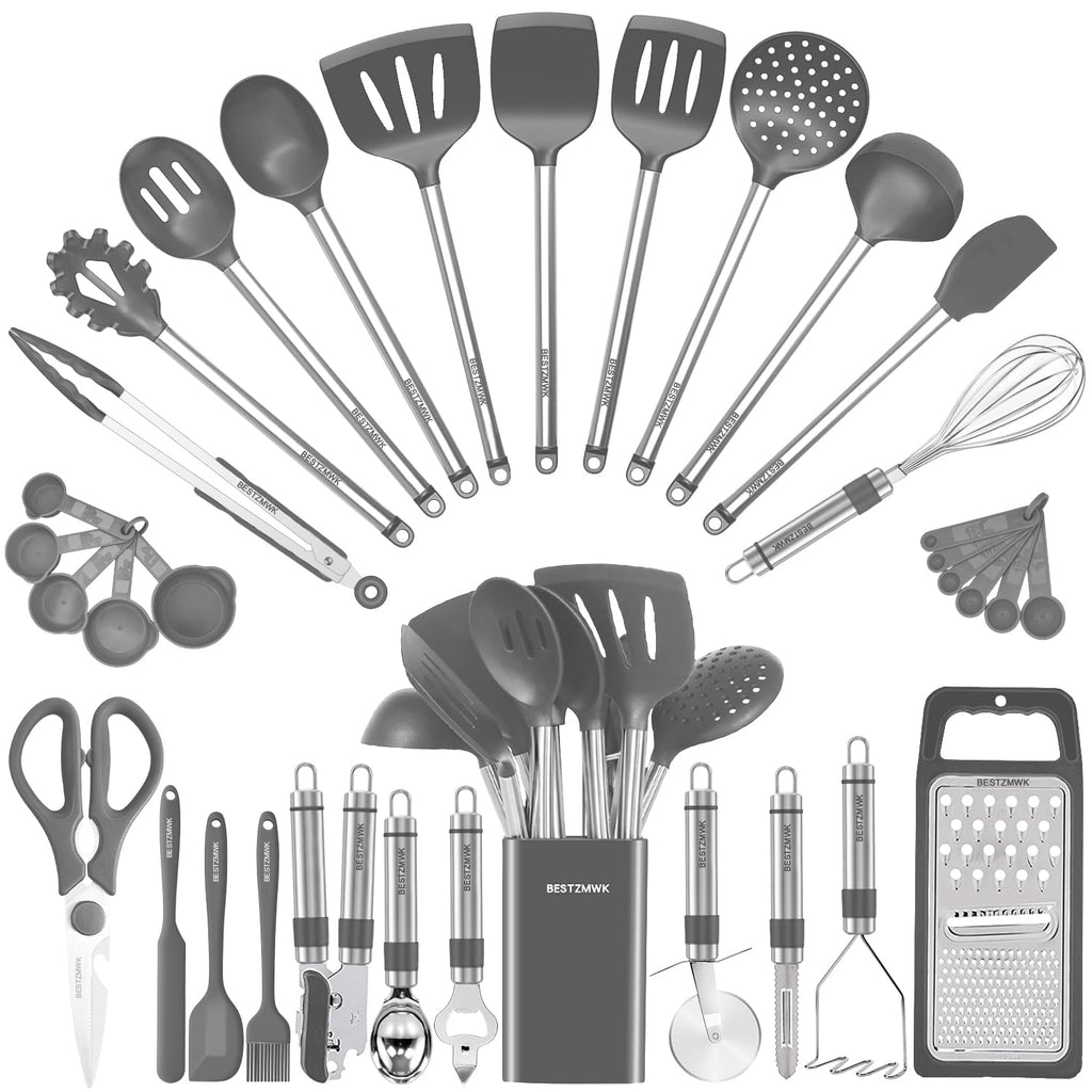 Kitchen Utensil Set-Silicone Cooking Utensils-33 Kitchen Gadgets & Spoons for Nonstick Cookware-Silicone and Stainless Steel Spatula Set-Best Kitchen Tools, Useful Pots (Khaki)