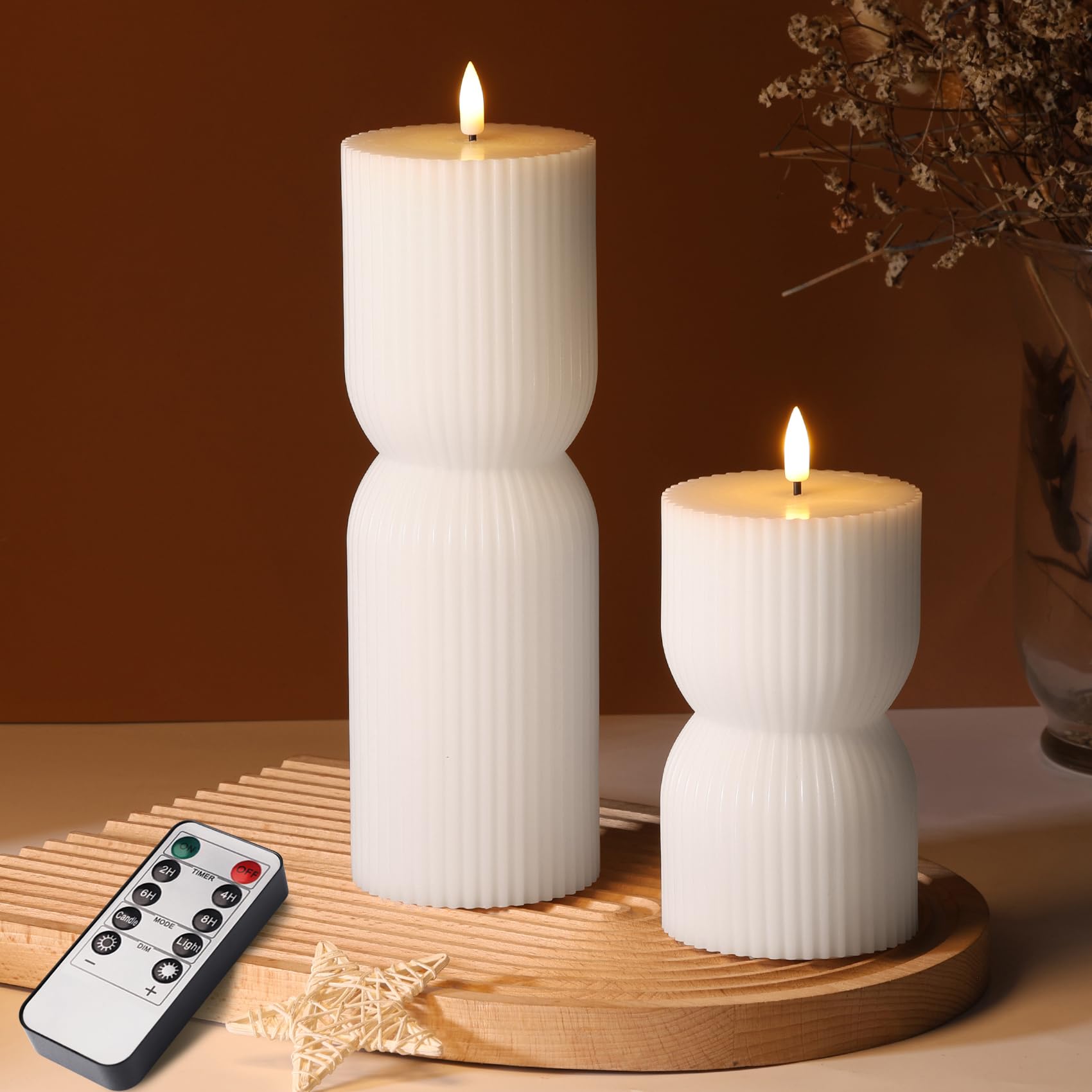 Olive Green Ribbed Flameless Pillar Candles with Remote, LED Candles Battery Operated Flickering Real Wax Set of 2