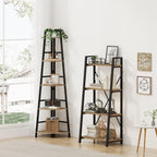 BON AUGURE 5-Tier Corner Ladder Shelf Stand, Black Metal Wood Corner Bookshelf, Narrow Tall Display Bookcase Shelving Unit for Living Room, Home Office, Small Space (Rustic Oak)