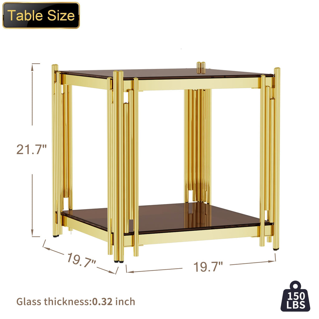Luxury Gold Square Glass End Table, 19.7" Modern Side Table with Stainless Steel Irregular Leg Clear Tempered Glass Tabletop, Accent Furniture for Living Room, Clear