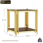 Luxury Gold Square Glass End Table, 19.7" Modern Side Table with Stainless Steel Irregular Leg Clear Tempered Glass Tabletop, Accent Furniture for Living Room, Clear