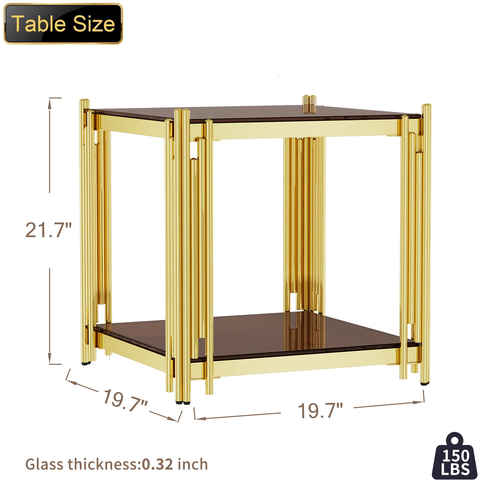 Luxury Gold Square Glass End Table, 19.7" Modern Side Table with Stainless Steel Irregular Leg Clear Tempered Glass Tabletop, Accent Furniture for Living Room, Clear