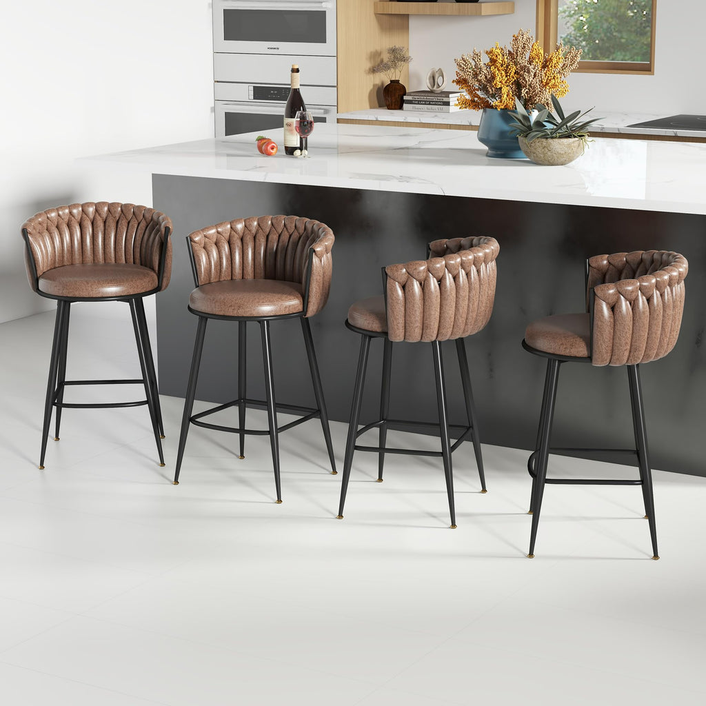 ABET Gold Bar Stool Set of 2, Velvet Swivel Barstools, Height Adjustable Counter Stools with Woven Back, Upholstered Modern Luxury Kitchen Stools with Footrest for Cafe, Pub, Black