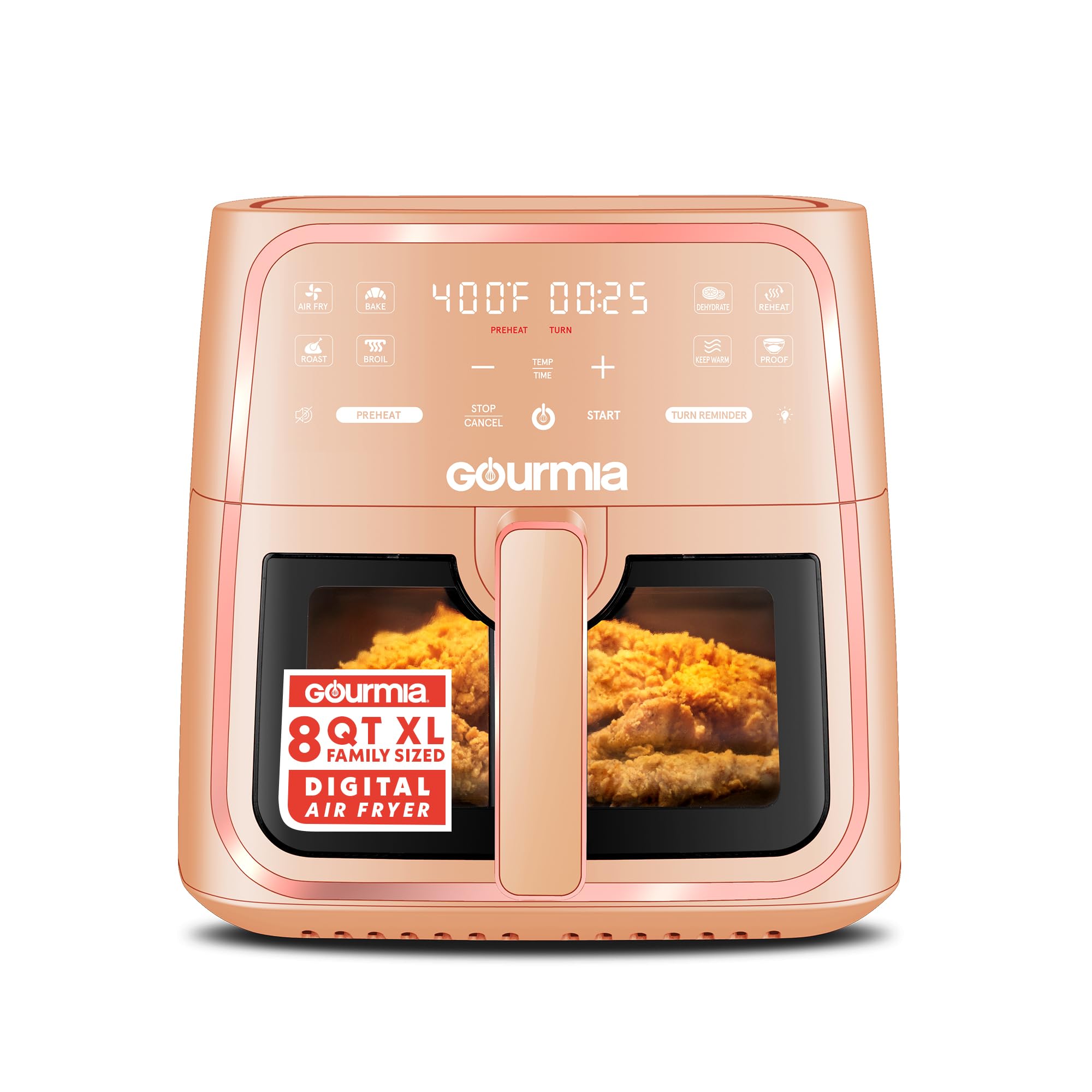 Gourmia 8 Qt Air Fryer, 8 Presets with Digital Display, FryForce 360° Technology, Easy View Window & Interior Light, Dishwasher Safe Basket, Green