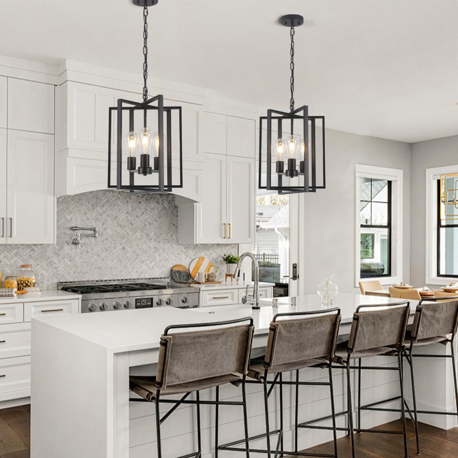 Black Gold Chandelier for Dining Room, Modern Farmhouse 3 Light Entryway Pendant Light Fixture Adjustable Geometric Industrial Rustic Foyer Light for Living Room Kitchen Island Hallway Bedroom