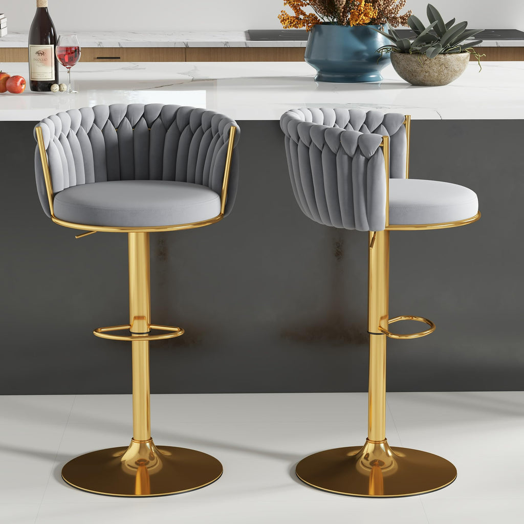 ABET Gold Bar Stool Set of 2, Velvet Swivel Barstools, Height Adjustable Counter Stools with Woven Back, Upholstered Modern Luxury Kitchen Stools with Footrest for Cafe, Pub, Black