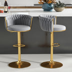 ABET Gold Bar Stool Set of 2, Velvet Swivel Barstools, Height Adjustable Counter Stools with Woven Back, Upholstered Modern Luxury Kitchen Stools with Footrest for Cafe, Pub, Black