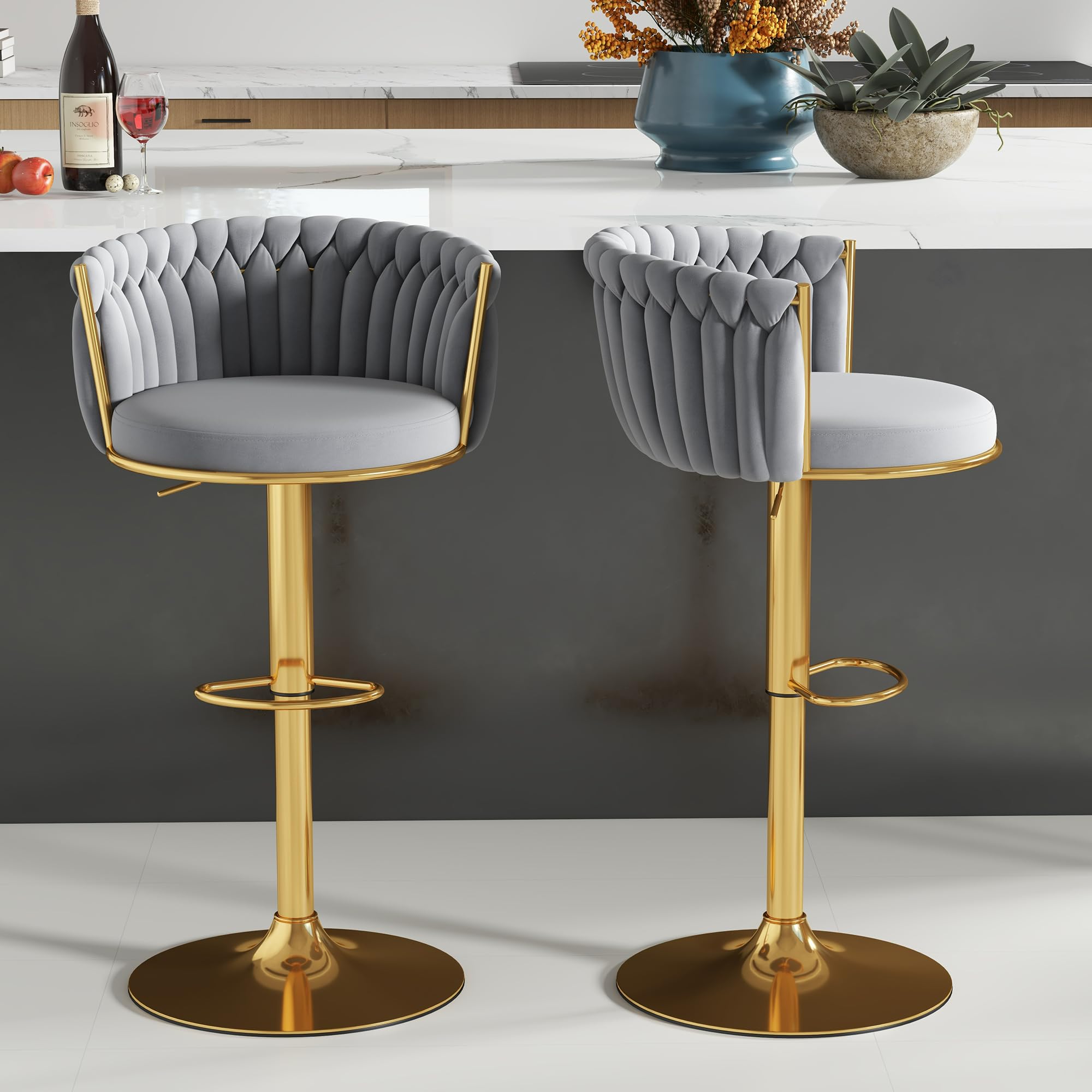 ABET Gold Bar Stool Set of 2, Velvet Swivel Barstools, Height Adjustable Counter Stools with Woven Back, Upholstered Modern Luxury Kitchen Stools with Footrest for Cafe, Pub, Black