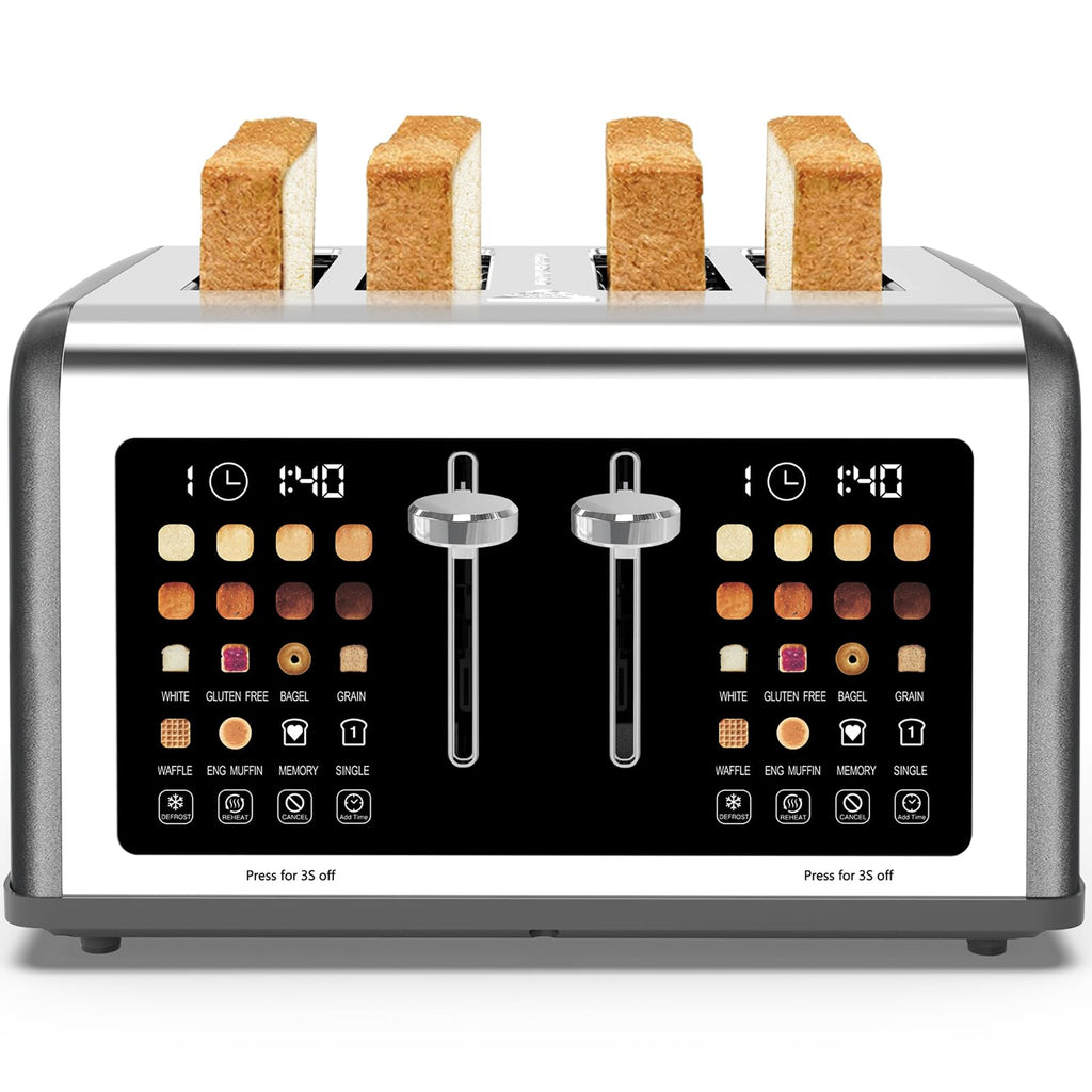 4 Slice Toaster Touch Screen, Stainless Steel Toasters Digital Timer, Dual Control Panel Toasters, 8 Shade Settings 6 Bread Types for Bagel, Cancel, Defrost 1650W