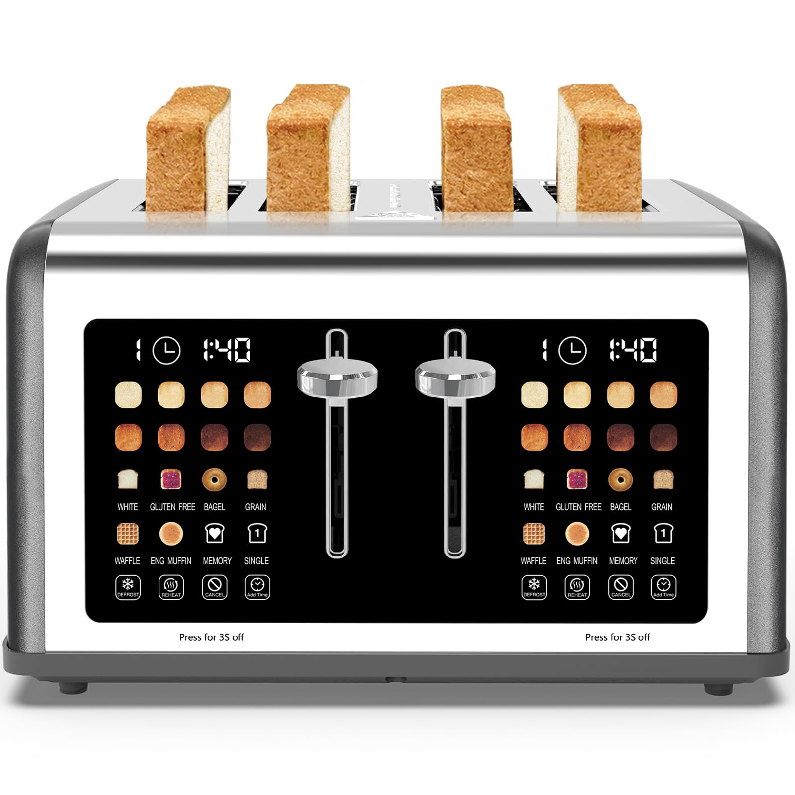 4 Slice Toaster Touch Screen, Stainless Steel Toasters Digital Timer, Dual Control Panel Toasters, 8 Shade Settings 6 Bread Types for Bagel, Cancel, Defrost 1650W