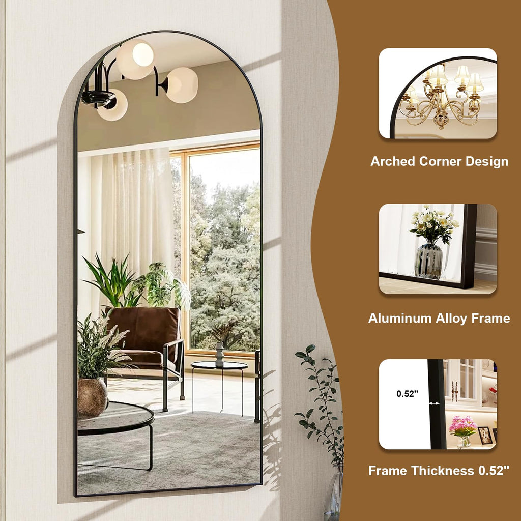 HARRITPURE 64"x21" Arched Full Length Mirror Floor Mirrors with Aluminum Alloy Frame Free-Standing Wall Mounted or Leaning Large Bedroom Dressing Mirror Modern & Contemporary Decor for Home,Black
