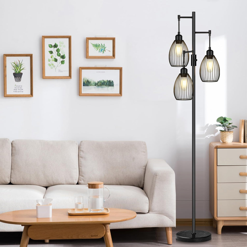 Dimmable Floor Lamp, Industrial Floor Lamps for Living Room, Gold Tree Lamp Standing Lamp Tall Lamps with 3 Elegant Teardrop Cage Head & 800 Lumens LED Bulbs for Living room Bedroom Office Dining Room