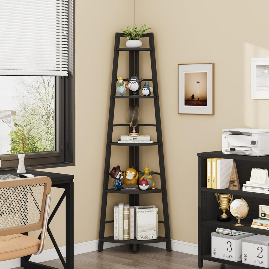 BON AUGURE 5-Tier Corner Ladder Shelf Stand, Black Metal Wood Corner Bookshelf, Narrow Tall Display Bookcase Shelving Unit for Living Room, Home Office, Small Space (Rustic Oak)