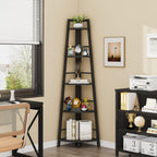 BON AUGURE 5-Tier Corner Ladder Shelf Stand, Black Metal Wood Corner Bookshelf, Narrow Tall Display Bookcase Shelving Unit for Living Room, Home Office, Small Space (Rustic Oak)