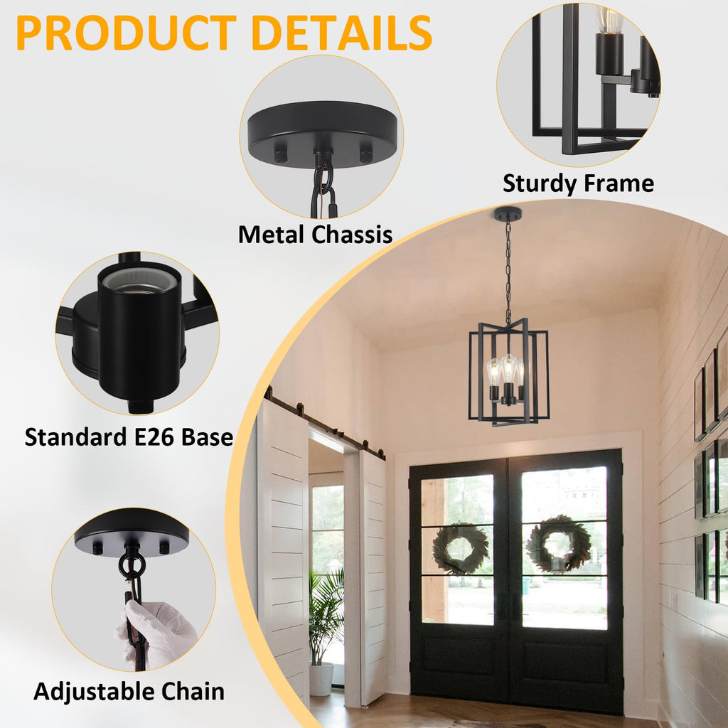 Black Gold Chandelier for Dining Room, Modern Farmhouse 3 Light Entryway Pendant Light Fixture Adjustable Geometric Industrial Rustic Foyer Light for Living Room Kitchen Island Hallway Bedroom