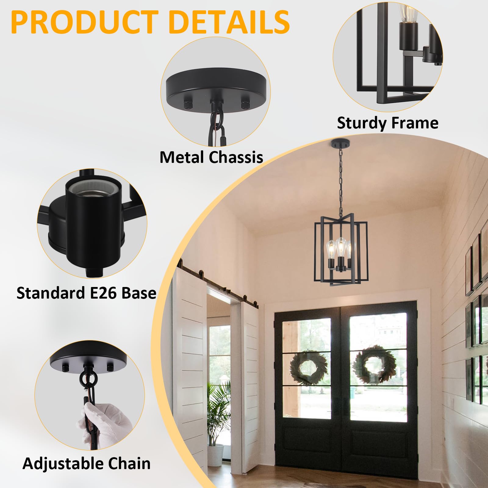 Black Gold Chandelier for Dining Room, Modern Farmhouse 3 Light Entryway Pendant Light Fixture Adjustable Geometric Industrial Rustic Foyer Light for Living Room Kitchen Island Hallway Bedroom