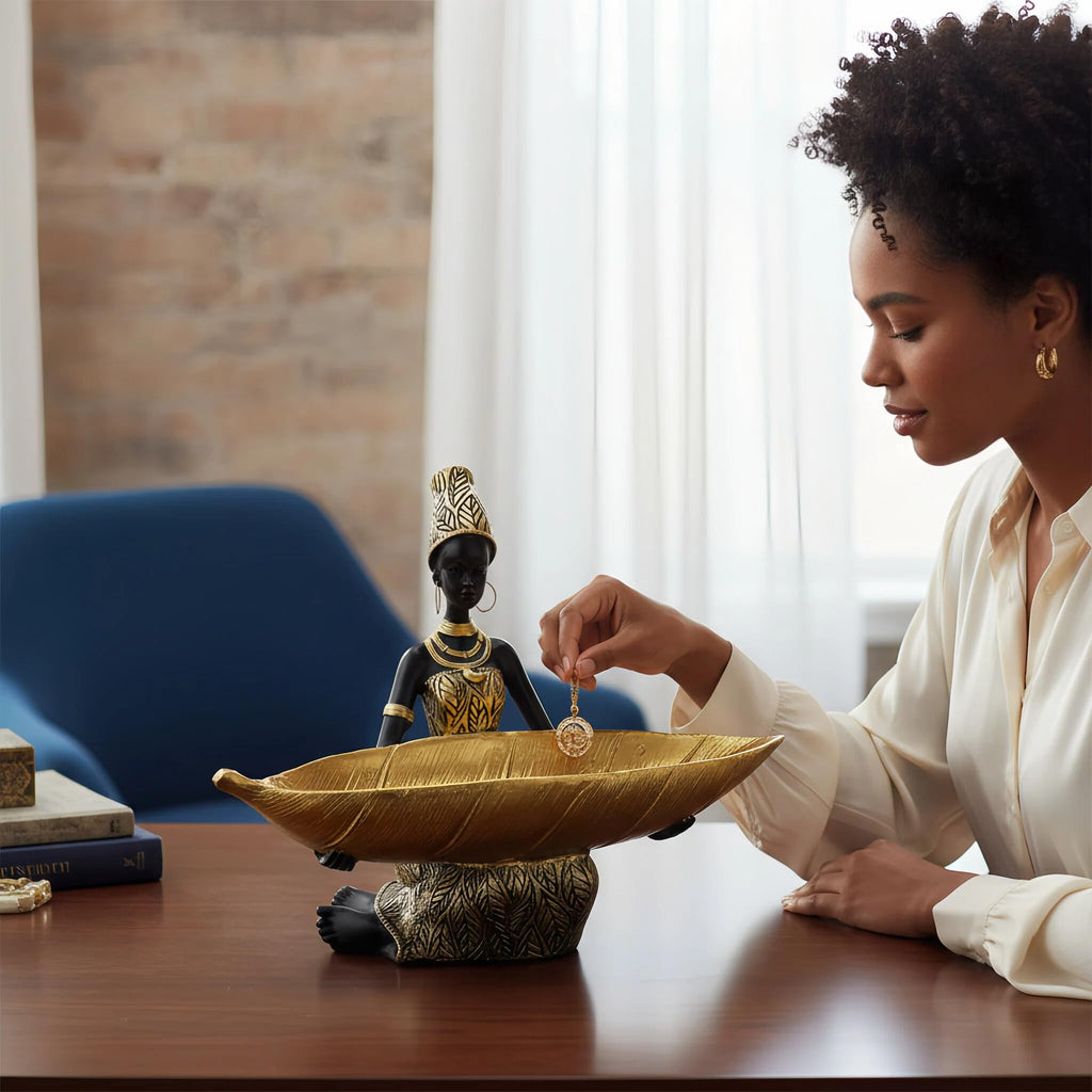 Lescafita African Woman Sculpture with Gold Leaf Bowl, Handmade Resin Figurine, Exotic Tribal Art Statue for Living Room, Dining Table, or Entryway Decoration