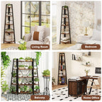 BON AUGURE 5-Tier Corner Ladder Shelf Stand, Black Metal Wood Corner Bookshelf, Narrow Tall Display Bookcase Shelving Unit for Living Room, Home Office, Small Space (Rustic Oak)