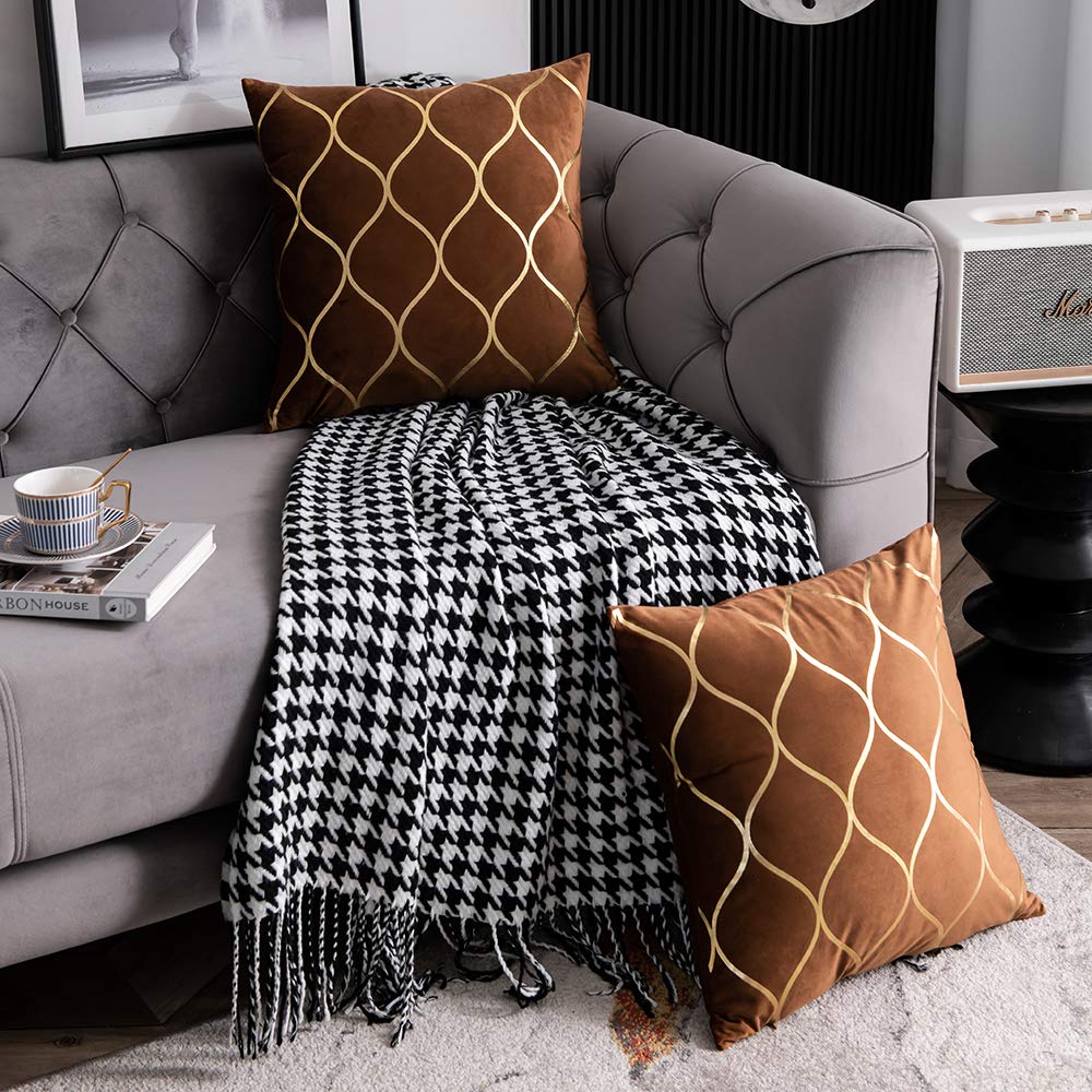 DEZENE 12x20 Inch Gold Velvet Throw Pillow Covers: 2 Pack Rectangular Decorative Pillow Cases for Bedroom Sofa Couch Living Room, Black
