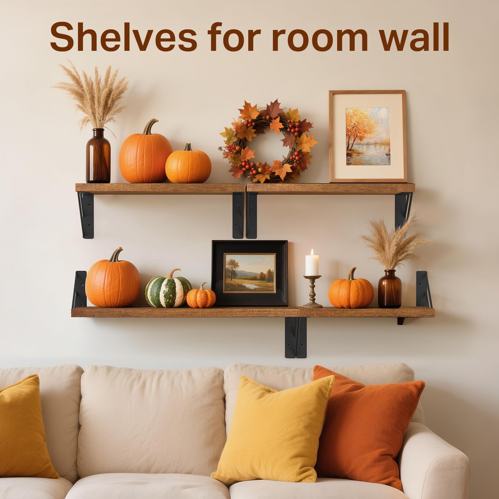 BAYKA Floating Shelves for Bedroom Decor, Wall Shelves for Storage, Wall Mounted Rustic Wood Floating Shelf for Books,Corner Shelf for Bathroom,Kitchen,Living Room(Black and Gold，Set of 4)