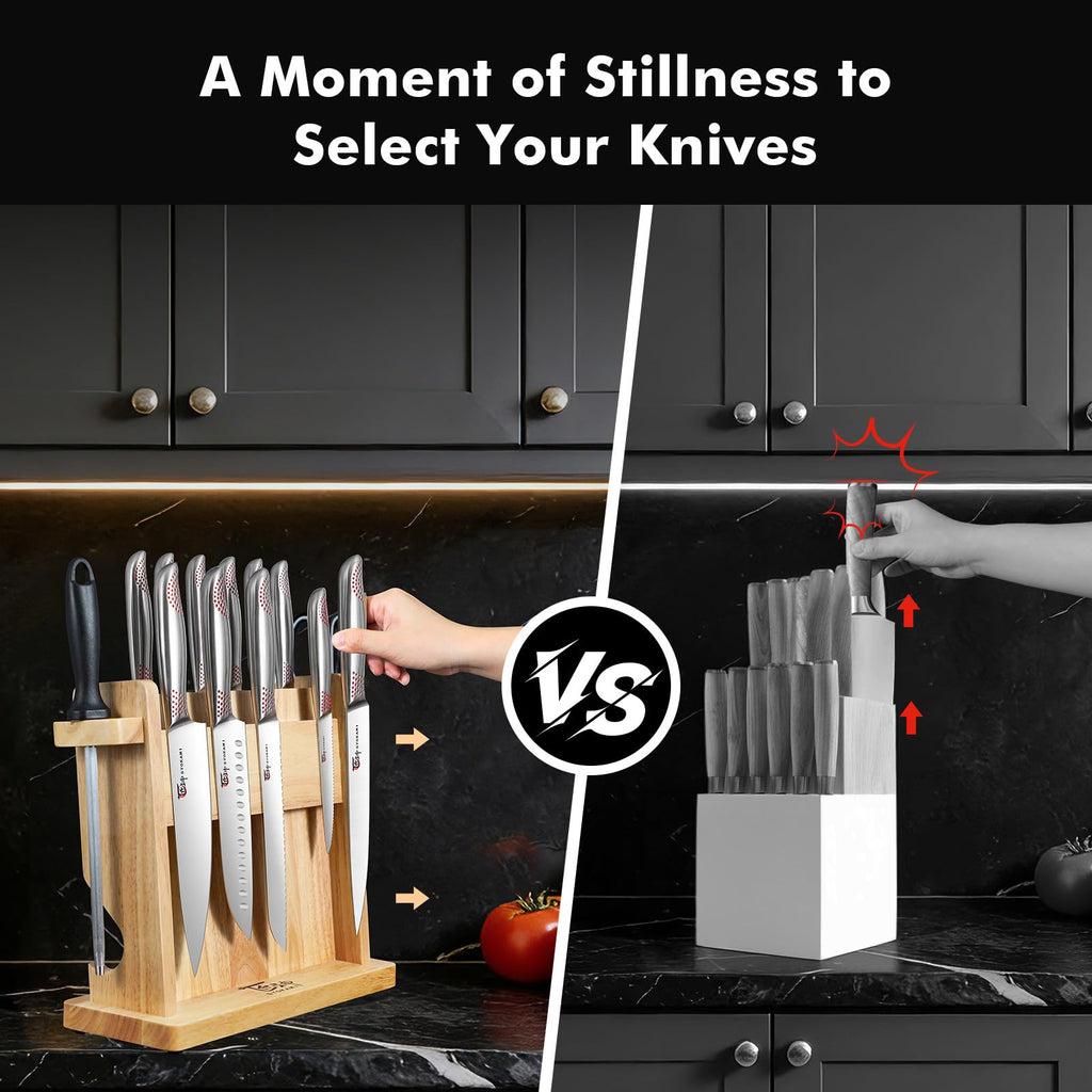 SYOKAMI Japanese Knives Set for Kitchen, Magnetic Knife Set with Block and Sharpener, Stainless Steel Knife Set as Gift for Couple, Wedding, Women or Mom with Gift Box, 14 PCS Black Dot