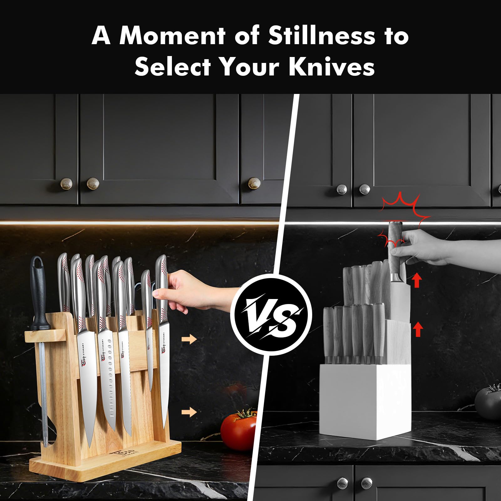 SYOKAMI Japanese Knives Set for Kitchen, Magnetic Knife Set with Block and Sharpener, Stainless Steel Knife Set as Gift for Couple, Wedding, Women or Mom with Gift Box, 14 PCS Black Dot