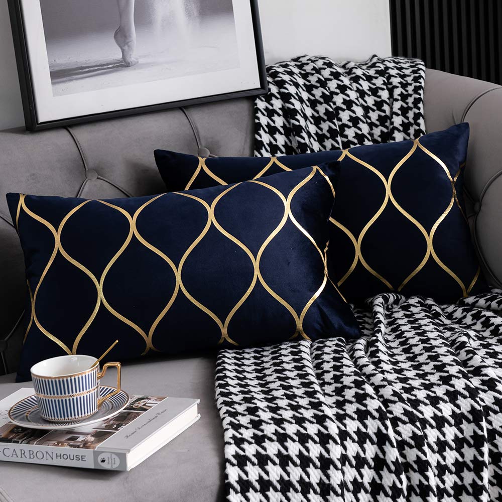 DEZENE 12x20 Inch Gold Velvet Throw Pillow Covers: 2 Pack Rectangular Decorative Pillow Cases for Bedroom Sofa Couch Living Room, Black