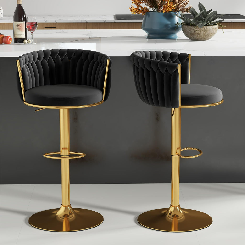 ABET Gold Bar Stool Set of 2, Velvet Swivel Barstools, Height Adjustable Counter Stools with Woven Back, Upholstered Modern Luxury Kitchen Stools with Footrest for Cafe, Pub, Black