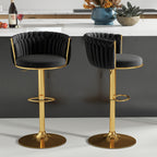ABET Gold Bar Stool Set of 2, Velvet Swivel Barstools, Height Adjustable Counter Stools with Woven Back, Upholstered Modern Luxury Kitchen Stools with Footrest for Cafe, Pub, Black