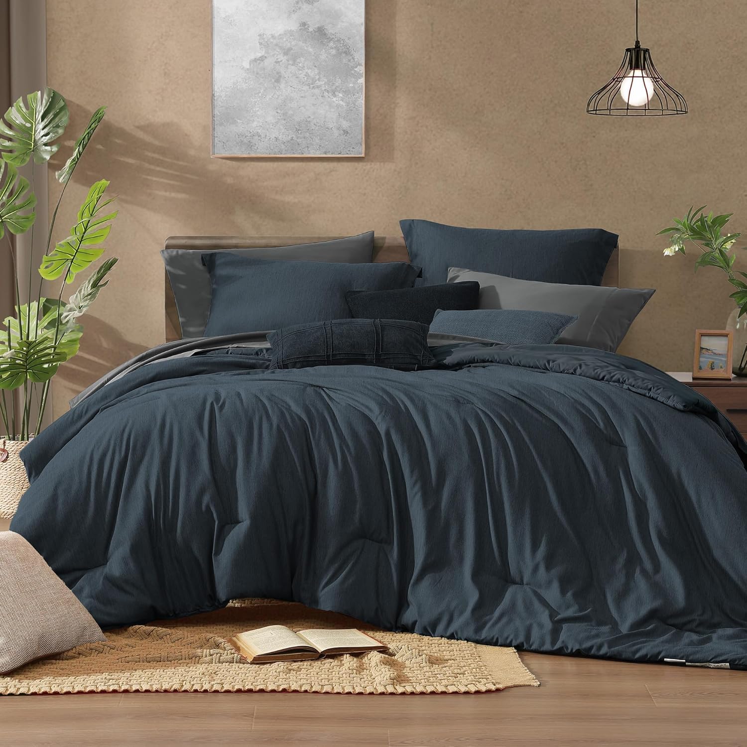 Monbix Queen Comforter Set - 7 Pieces Cationic Dyeing Autumn Leaf Bed in a Bag Queen Bedding Sets with Comforter, Sheets, Pillowcases & Shams, Reversible Bedding Comforters Sets