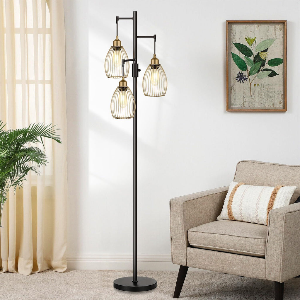 Dimmable Floor Lamp, Industrial Floor Lamps for Living Room, Gold Tree Lamp Standing Lamp Tall Lamps with 3 Elegant Teardrop Cage Head & 800 Lumens LED Bulbs for Living room Bedroom Office Dining Room