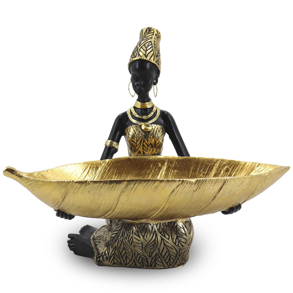 Lescafita African Woman Sculpture with Gold Leaf Bowl, Handmade Resin Figurine, Exotic Tribal Art Statue for Living Room, Dining Table, or Entryway Decoration