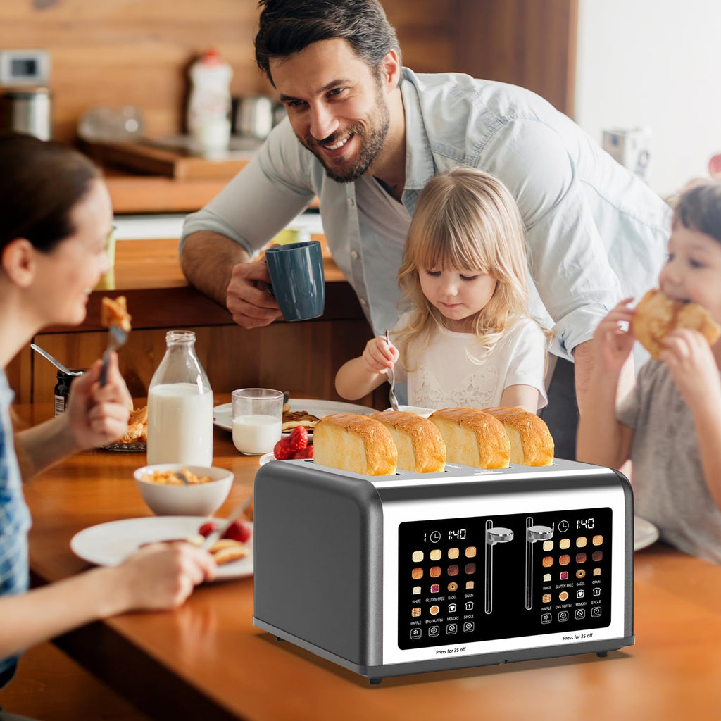 4 Slice Toaster Touch Screen, Stainless Steel Toasters Digital Timer, Dual Control Panel Toasters, 8 Shade Settings 6 Bread Types for Bagel, Cancel, Defrost 1650W