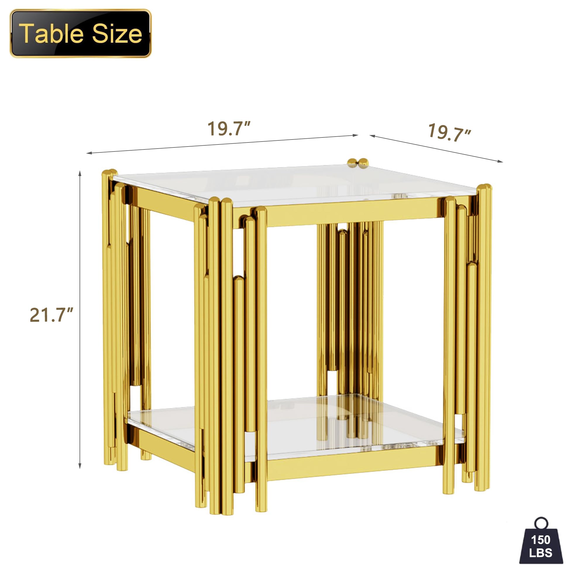 Luxury Gold Square Glass End Table, 19.7" Modern Side Table with Stainless Steel Irregular Leg Clear Tempered Glass Tabletop, Accent Furniture for Living Room, Clear