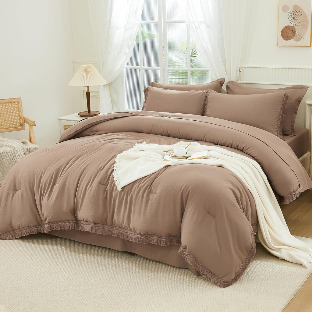 Andency King Size Comforter Set with Sheets Light Pink - 7 Pieces Bed in a Bag Boho Soft Lightweight Bedding Sets, Tassel Bed Set with Comforter, Sheets, Pillowcases & Shams