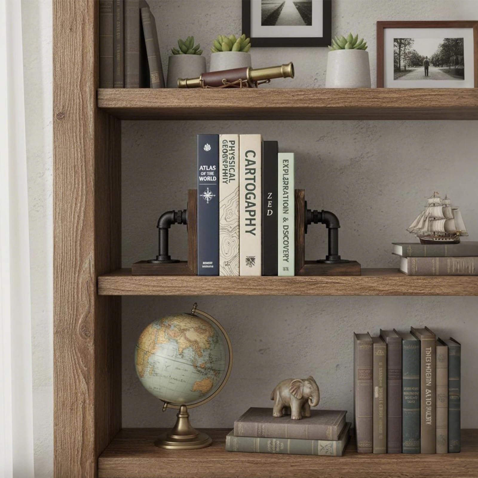 MyGift Book Ends Decorative, Bookends for Shelves, Metal Bookends for Heavy Books, Office Decor for Men, Wood Book Stopper, Realistic Industrial Pipe Design, Dark Brown