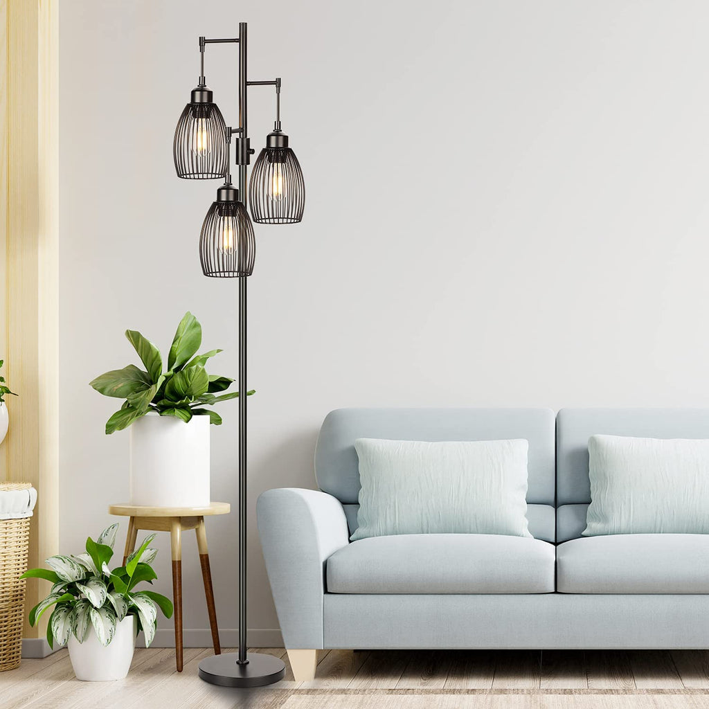 Dimmable Floor Lamp, Industrial Floor Lamps for Living Room, Gold Tree Lamp Standing Lamp Tall Lamps with 3 Elegant Teardrop Cage Head & 800 Lumens LED Bulbs for Living room Bedroom Office Dining Room
