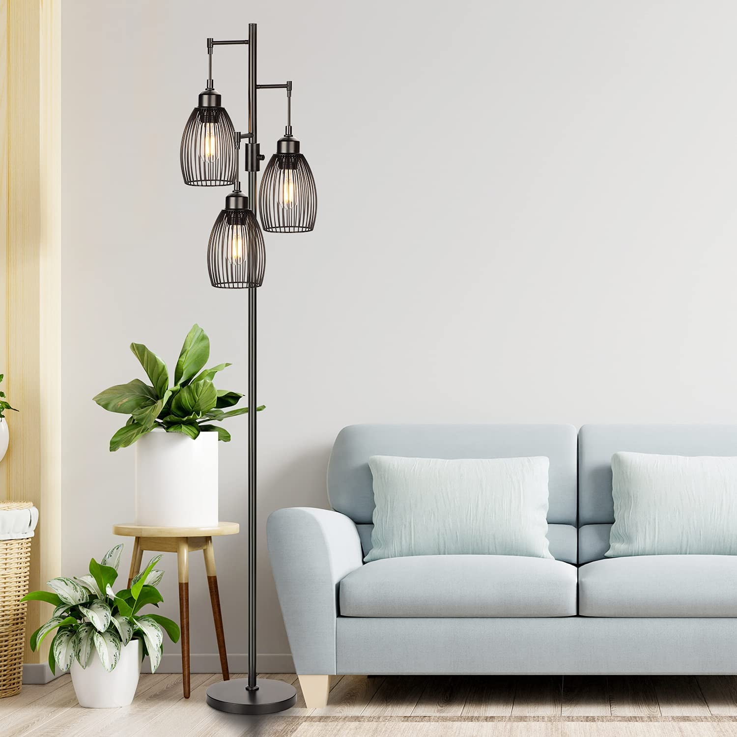 Dimmable Floor Lamp, Industrial Floor Lamps for Living Room, Gold Tree Lamp Standing Lamp Tall Lamps with 3 Elegant Teardrop Cage Head & 800 Lumens LED Bulbs for Living room Bedroom Office Dining Room